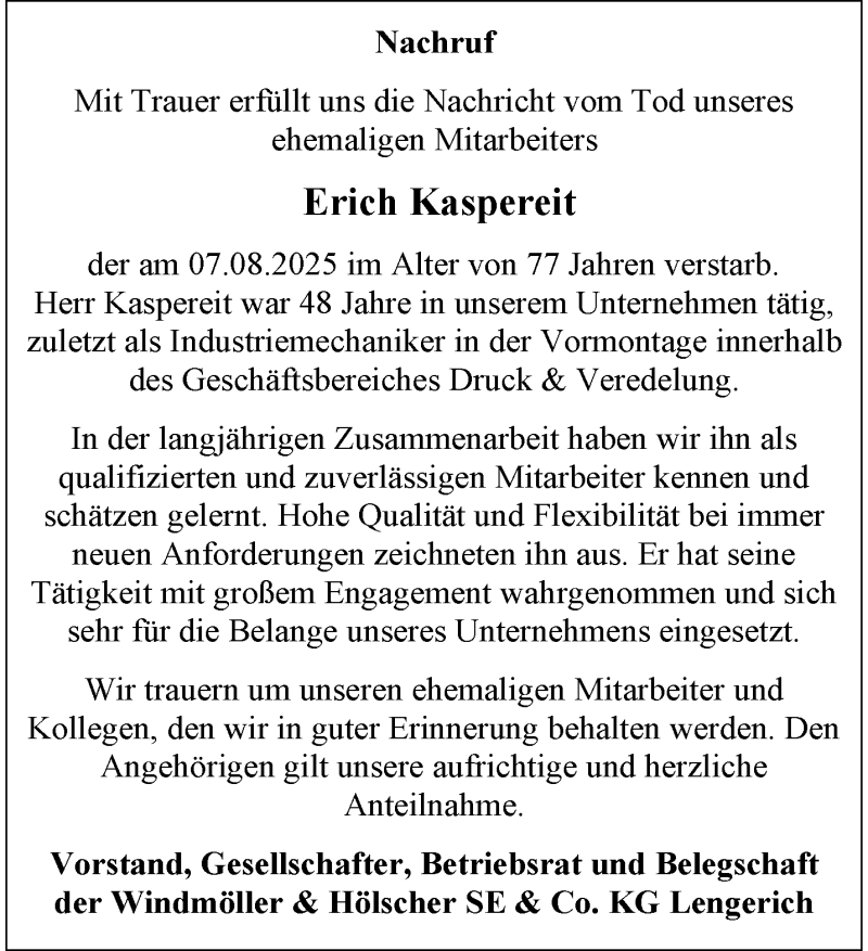  Traueranzeige für Erich Kaspereit vom 01.09.2025 aus 