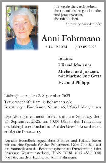 Anzeige von Anni Fohrmann 