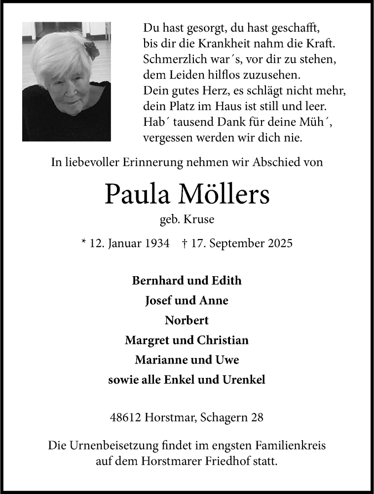  Traueranzeige für Paula Möllers vom 24.09.2025 aus 
