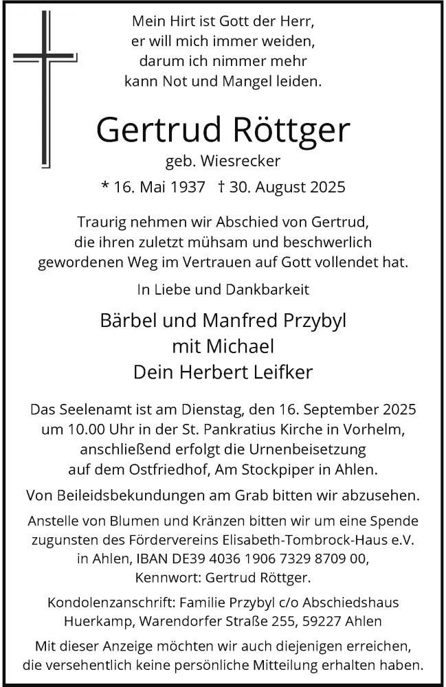  Traueranzeige für Gertrud Röttger vom 06.09.2025 aus 