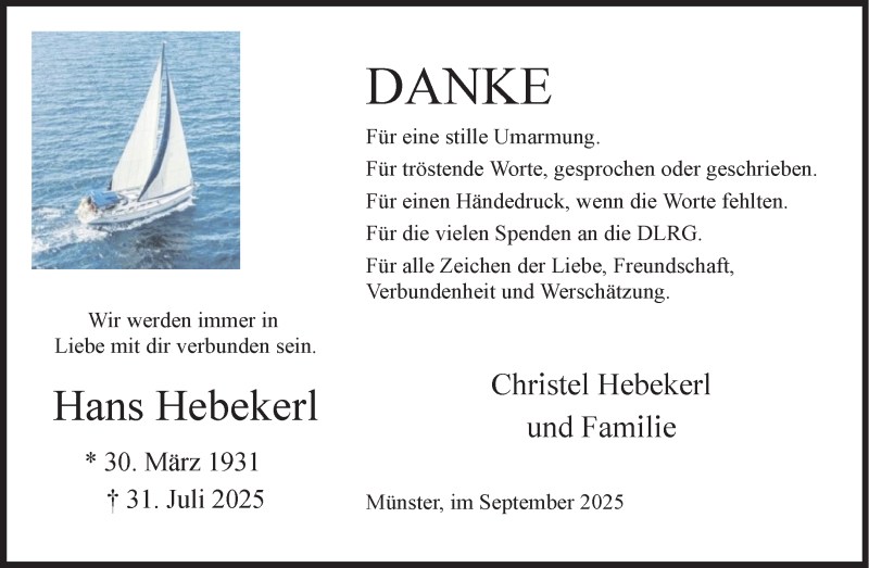  Traueranzeige für Hans Hebekerl vom 24.09.2025 aus 