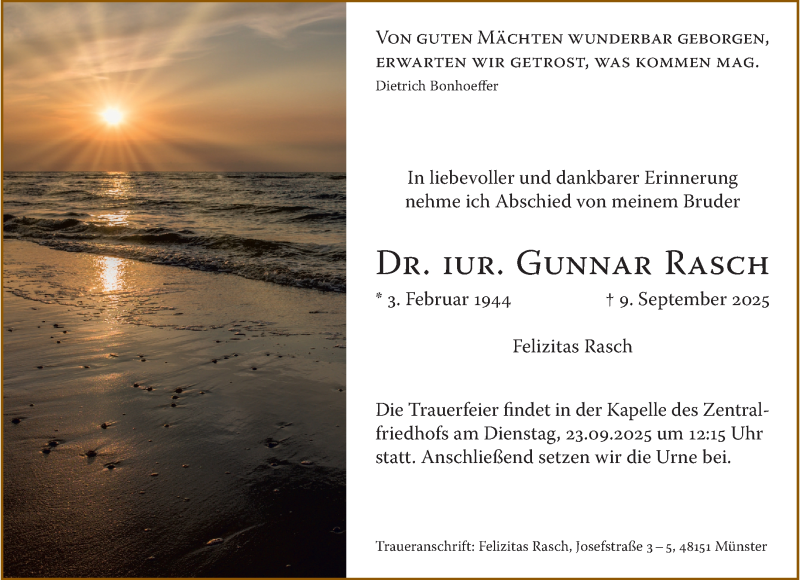  Traueranzeige für Dr Jur. Gunnar Rasch vom 20.09.2025 aus 