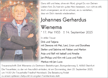 Anzeige von Johannes Gerhardus Wienema 