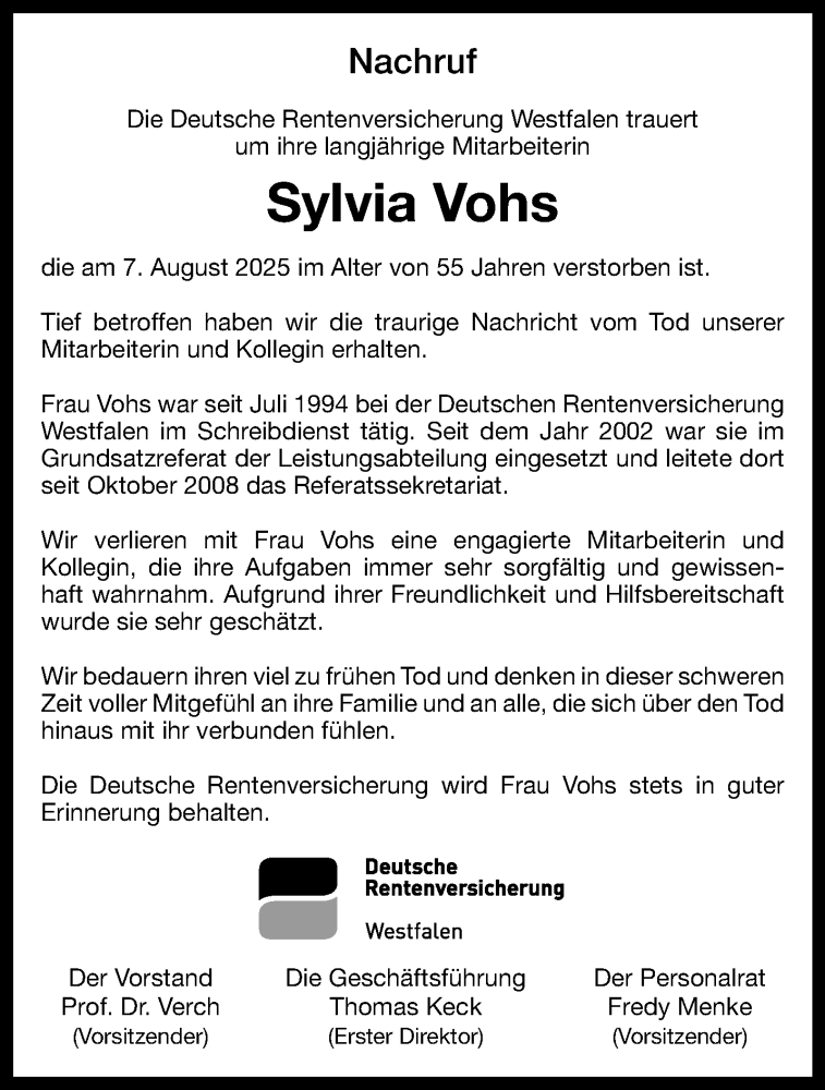  Traueranzeige für Sylvia Vohs vom 06.09.2025 aus 