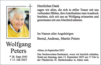 Anzeige von Wolfgang Peters 