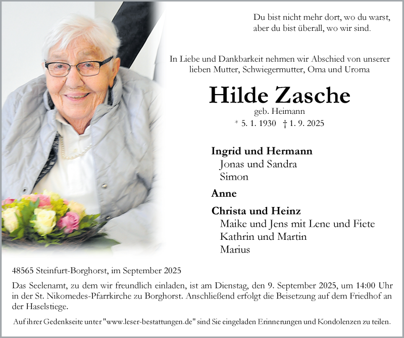  Traueranzeige für Hilde Zasche vom 06.09.2025 aus 