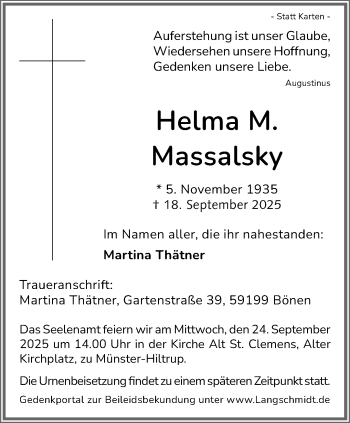Anzeige von Helma M. Massalsky 