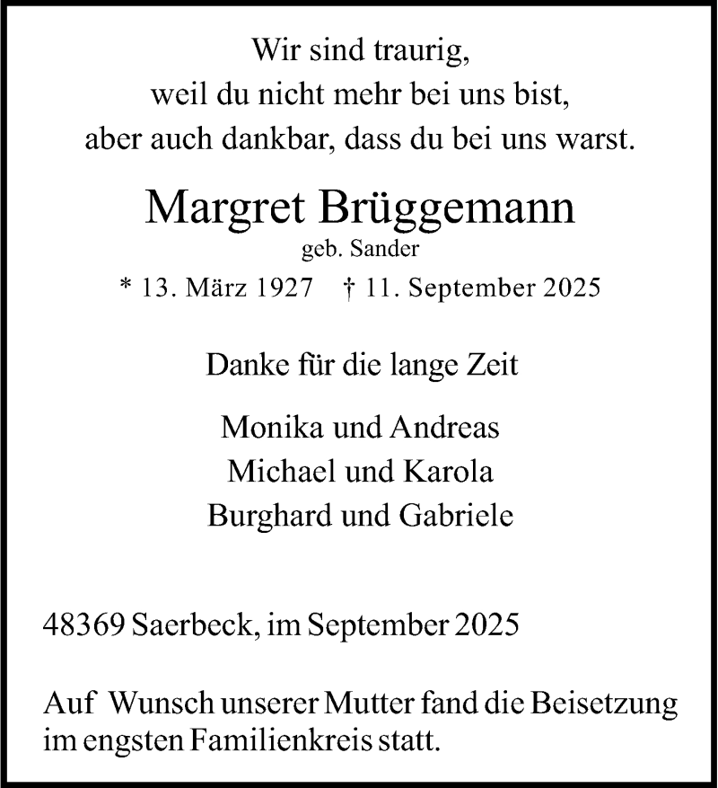  Traueranzeige für Margret Brüggemann vom 20.09.2025 aus 