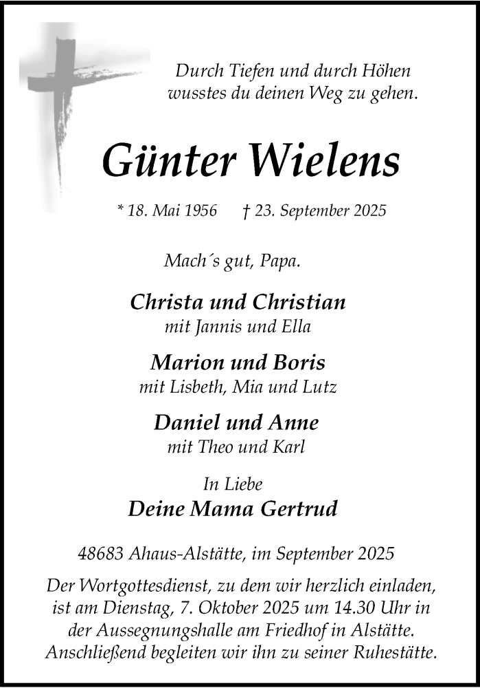  Traueranzeige für Günter Wielens vom 27.09.2025 aus 
