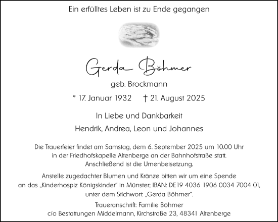Anzeige von Gerda Böhmer von Westfälische Nachrichten