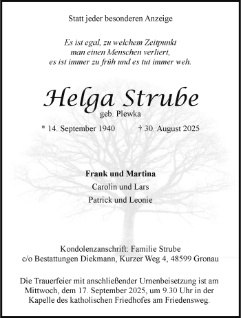 Anzeige von Helga Strube 
