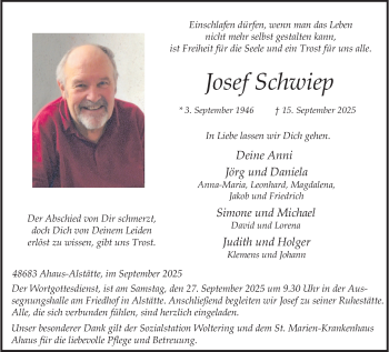 Anzeige von Josef Schwiep 