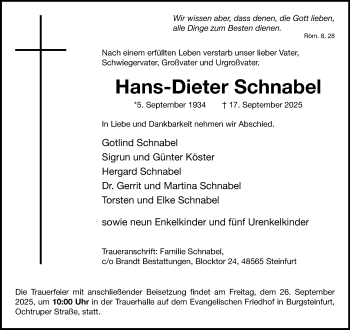 Anzeige von Hans-Dieter Schnabel 