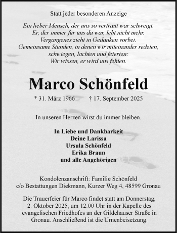 Anzeige von Marco Schönfeld 