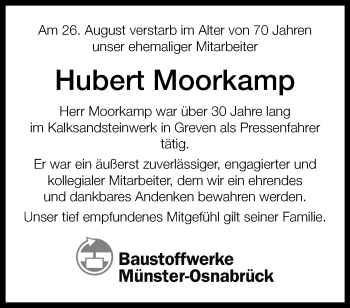 Anzeige von Hubert Moorkamp 