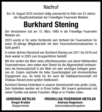 Anzeige von Burkhard Stening 