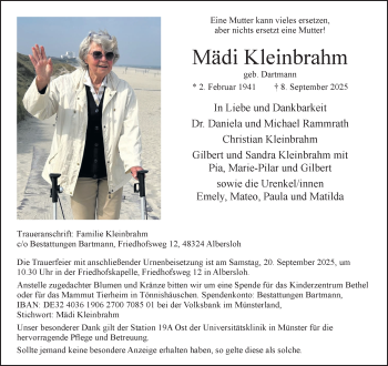 Anzeige von Mädi Kleinbrahm 