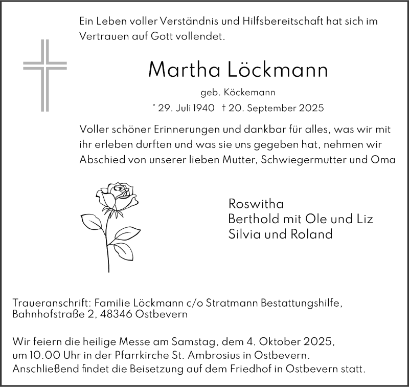  Traueranzeige für Martha Löckmann vom 27.09.2025 aus 