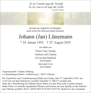 Anzeige von Johann Lünemann 