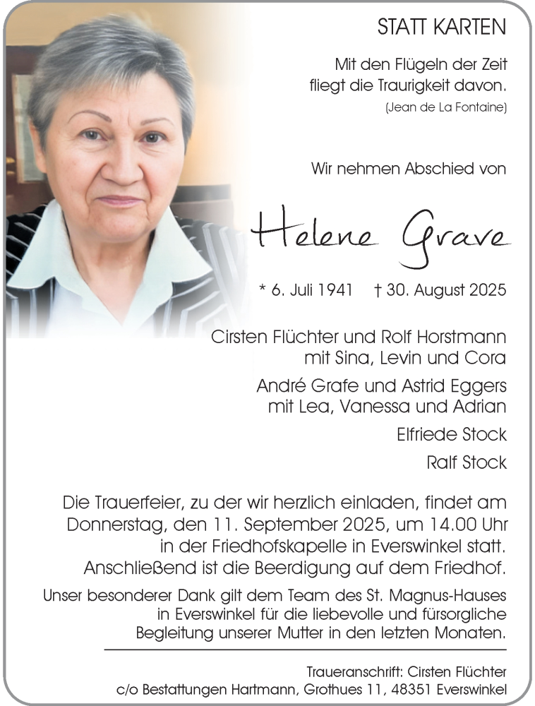  Traueranzeige für Helene Grave vom 06.09.2025 aus 