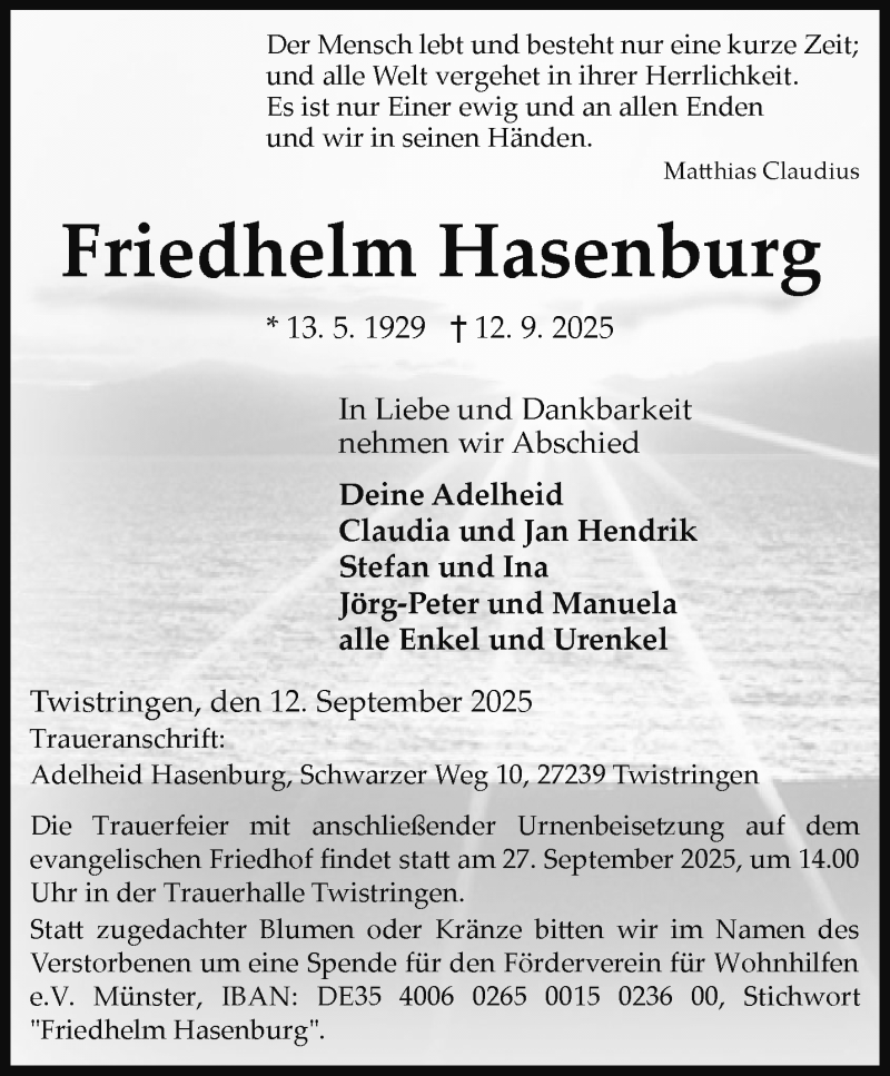  Traueranzeige für Friedhelm Hasenburg vom 20.09.2025 aus 