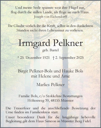 Anzeige von Irmgard Pelkner 