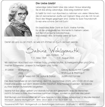 Anzeige von Sabine Wohlgemuth 