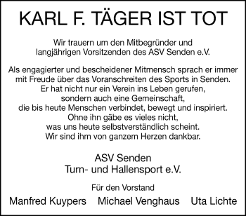 Anzeige von Karl Friedrich Täger 