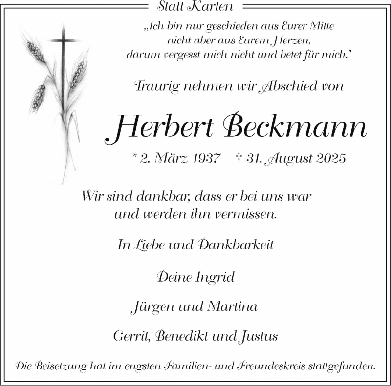  Traueranzeige für Herbert Beckmann vom 20.09.2025 aus 