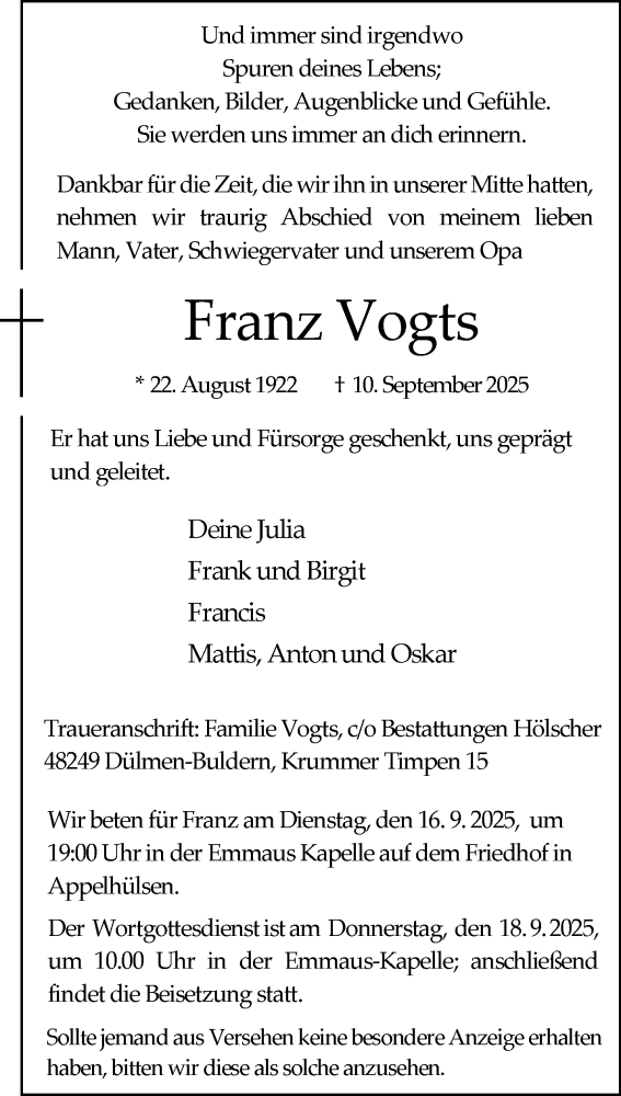 Traueranzeige für Franz Vogts vom 13.09.2025 aus 