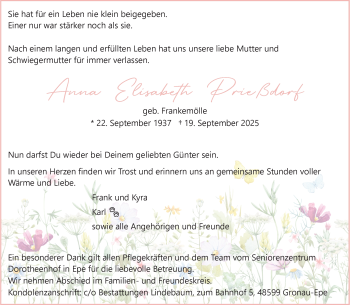 Anzeige von Anna Elisabeth Prießdorf 