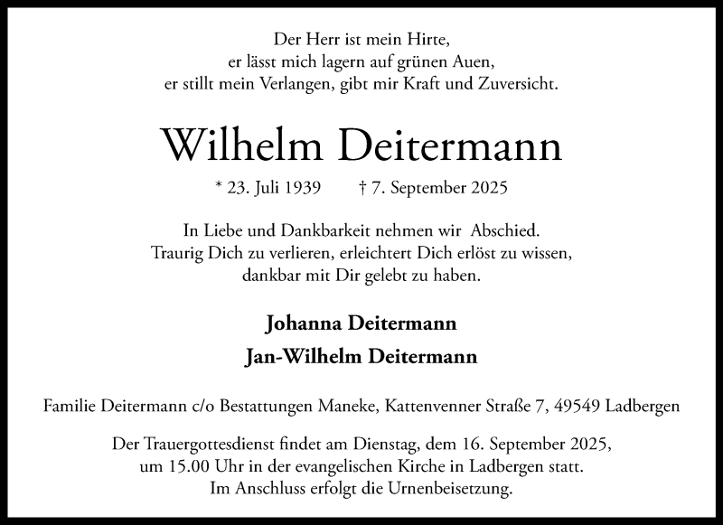  Traueranzeige für Wilhelm Deitermann vom 12.09.2025 aus 