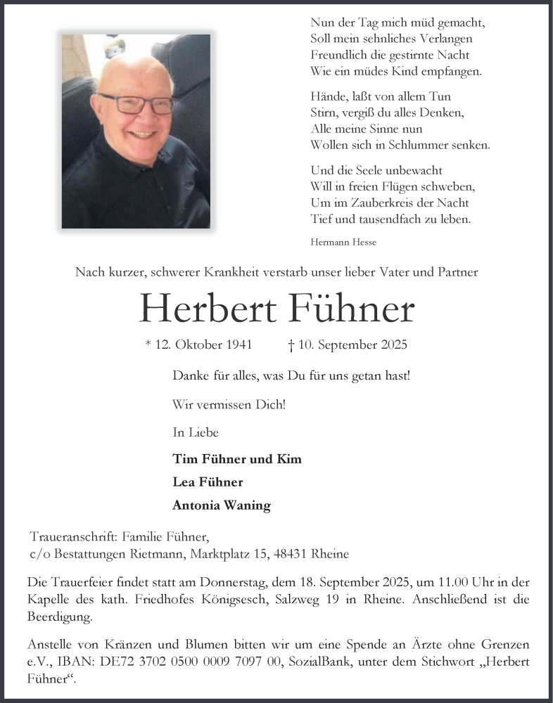  Traueranzeige für Herbert Fühner vom 17.09.2025 aus 