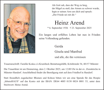 Anzeige von Heinz Arend 