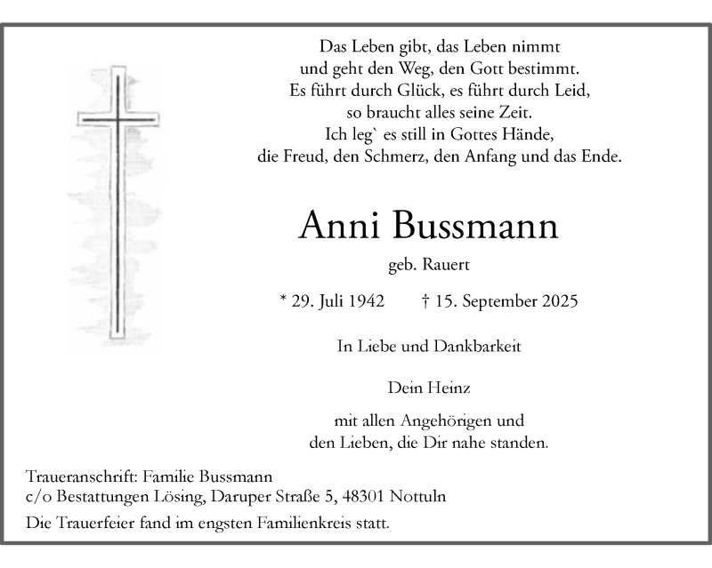  Traueranzeige für Anni Bussmann vom 20.09.2025 aus 