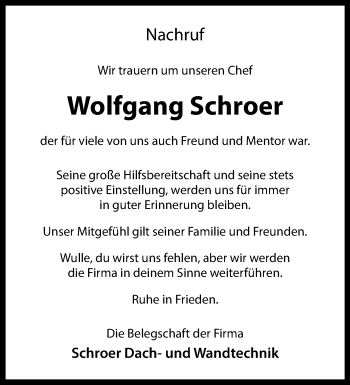 Anzeige von Wolfgang Schroer 