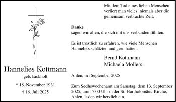 Anzeige von Hannelies Kottmann 