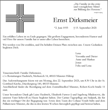 Anzeige von Ernst Dirksmeier 