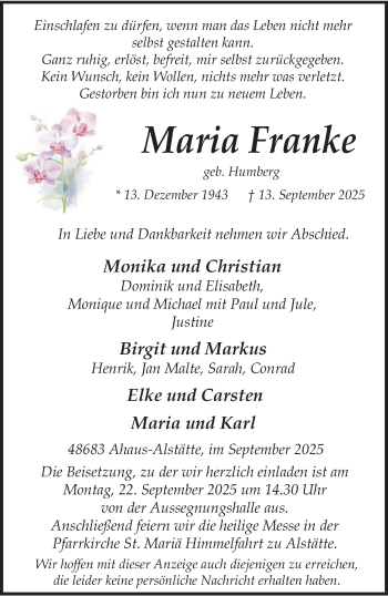 Anzeige von Maria Franke 