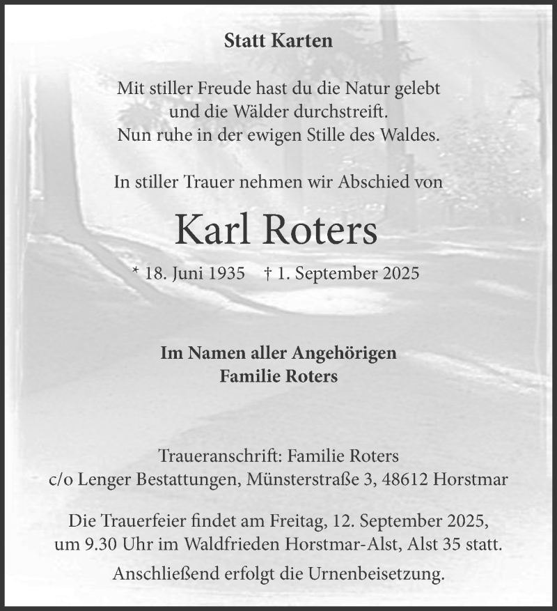  Traueranzeige für Karl Roters vom 09.09.2025 aus 