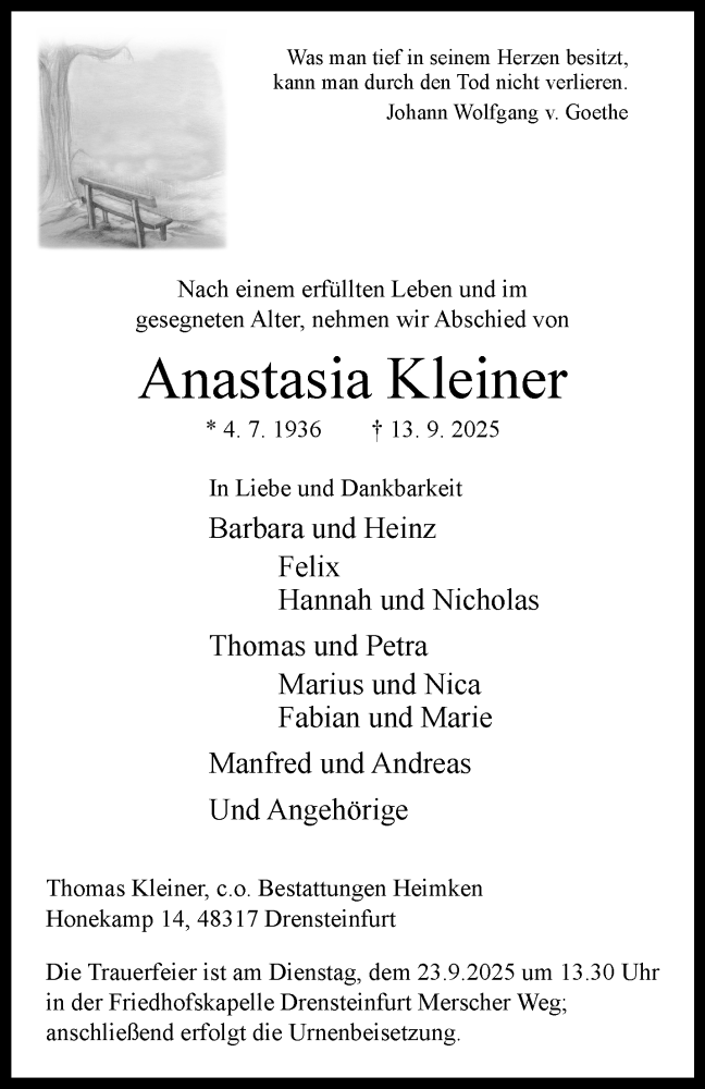  Traueranzeige für Anastasia Kleiner vom 20.09.2025 aus 