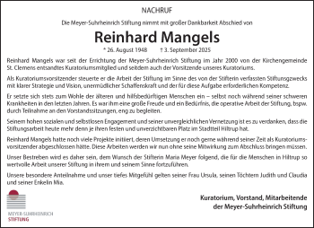 Anzeige von Reinhard Mangels 