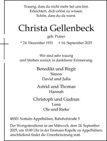 Anzeige von Christa Gellenbeck 