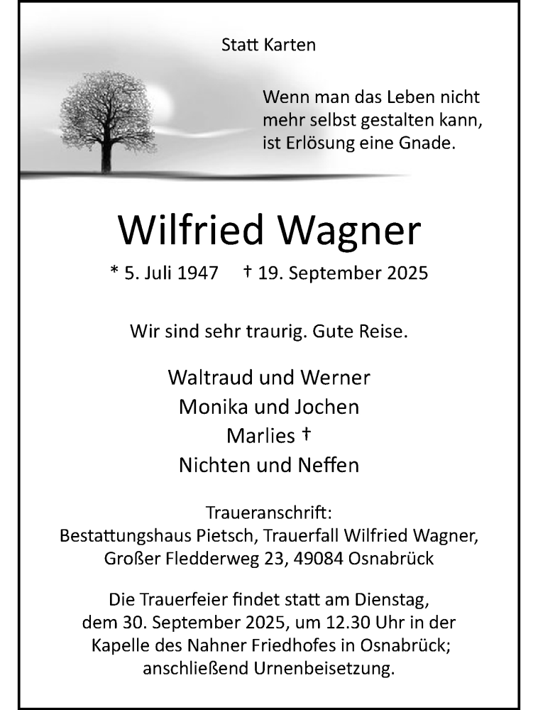  Traueranzeige für Wilfried Wagner vom 27.09.2025 aus 