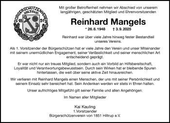 Anzeige von Reinhard Mangels 