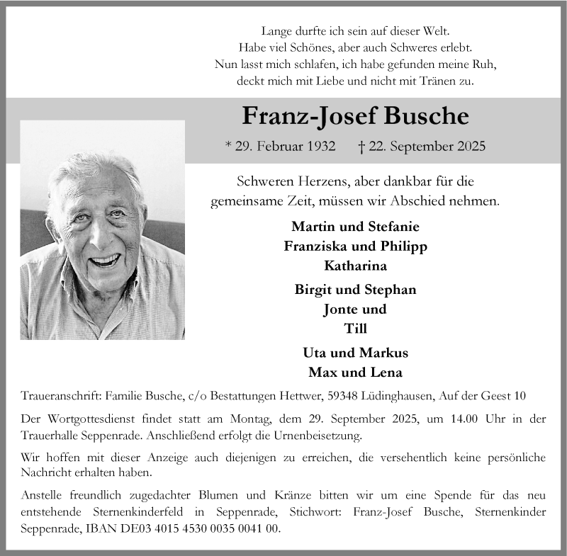  Traueranzeige für Franz-Josef Busche vom 24.09.2025 aus 