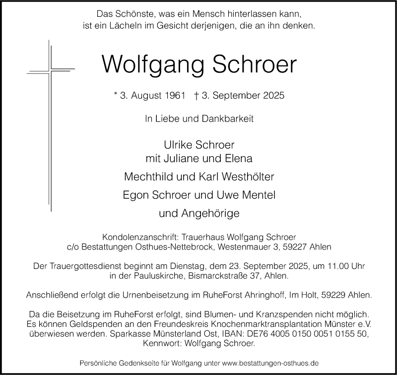  Traueranzeige für Wolfgang Schroer vom 13.09.2025 aus 