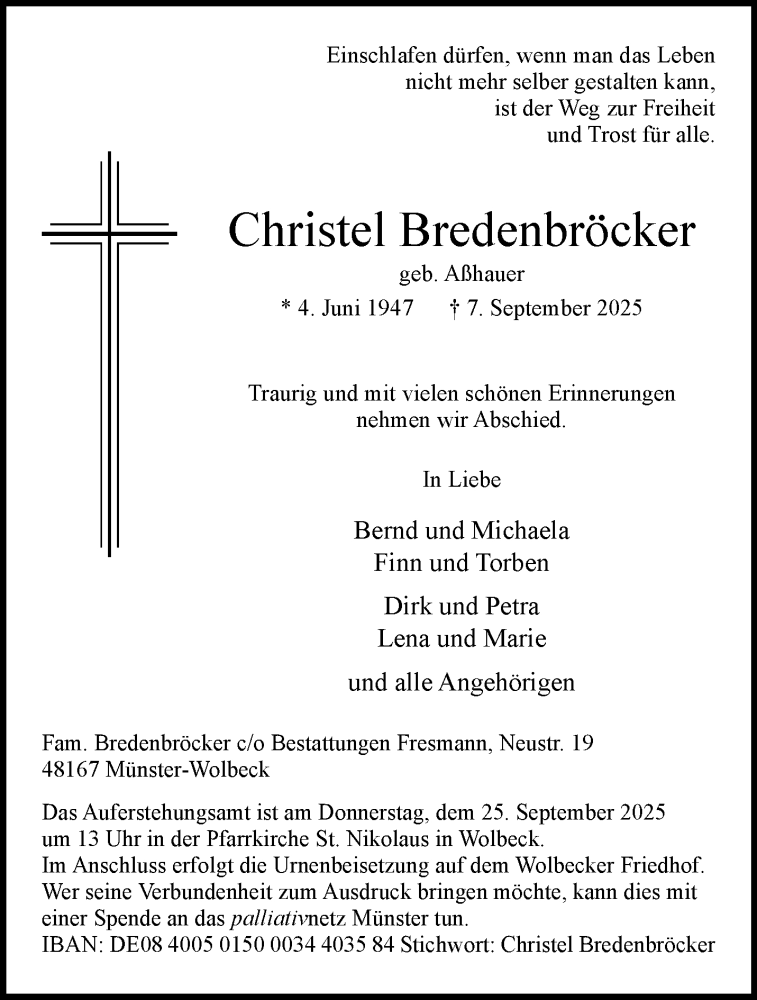  Traueranzeige für Christel Bredenbröcker vom 13.09.2025 aus 