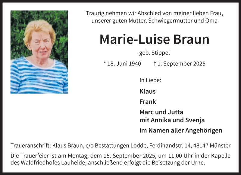  Traueranzeige für Marie-Luise Braun vom 06.09.2025 aus 