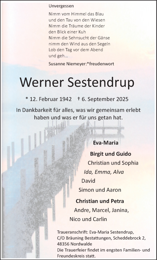  Traueranzeige für Werner Sestendrup vom 10.09.2025 aus 